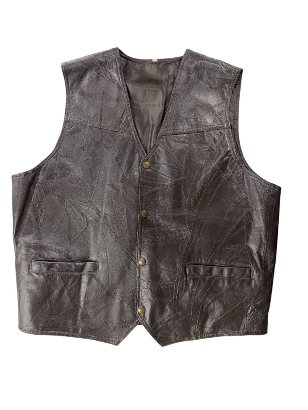Mens Dark Brown Leather Vest With Button Closure Two Pockets Western Style Size
